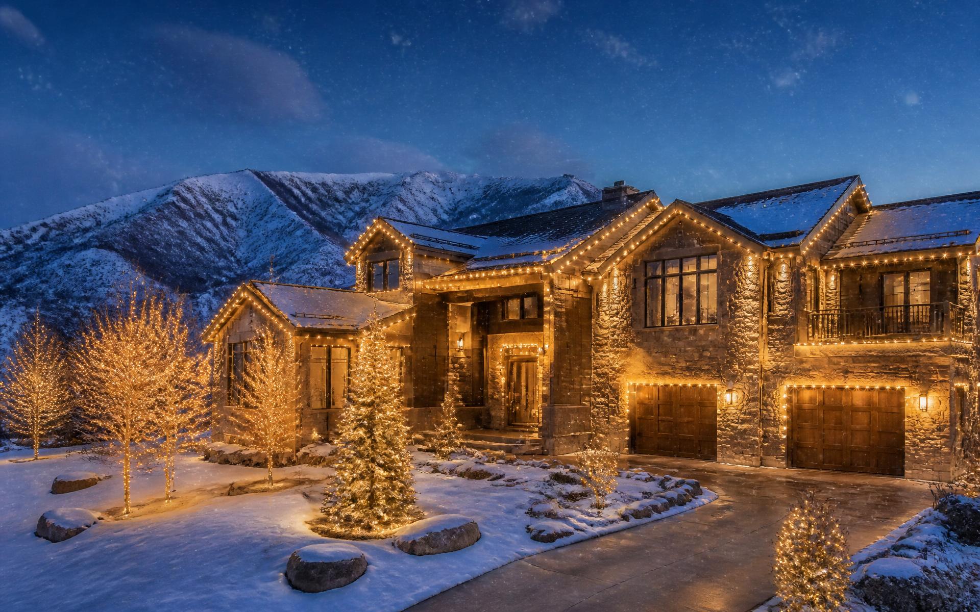 Luxury Utah home professionally decorated with warm white Christmas lights